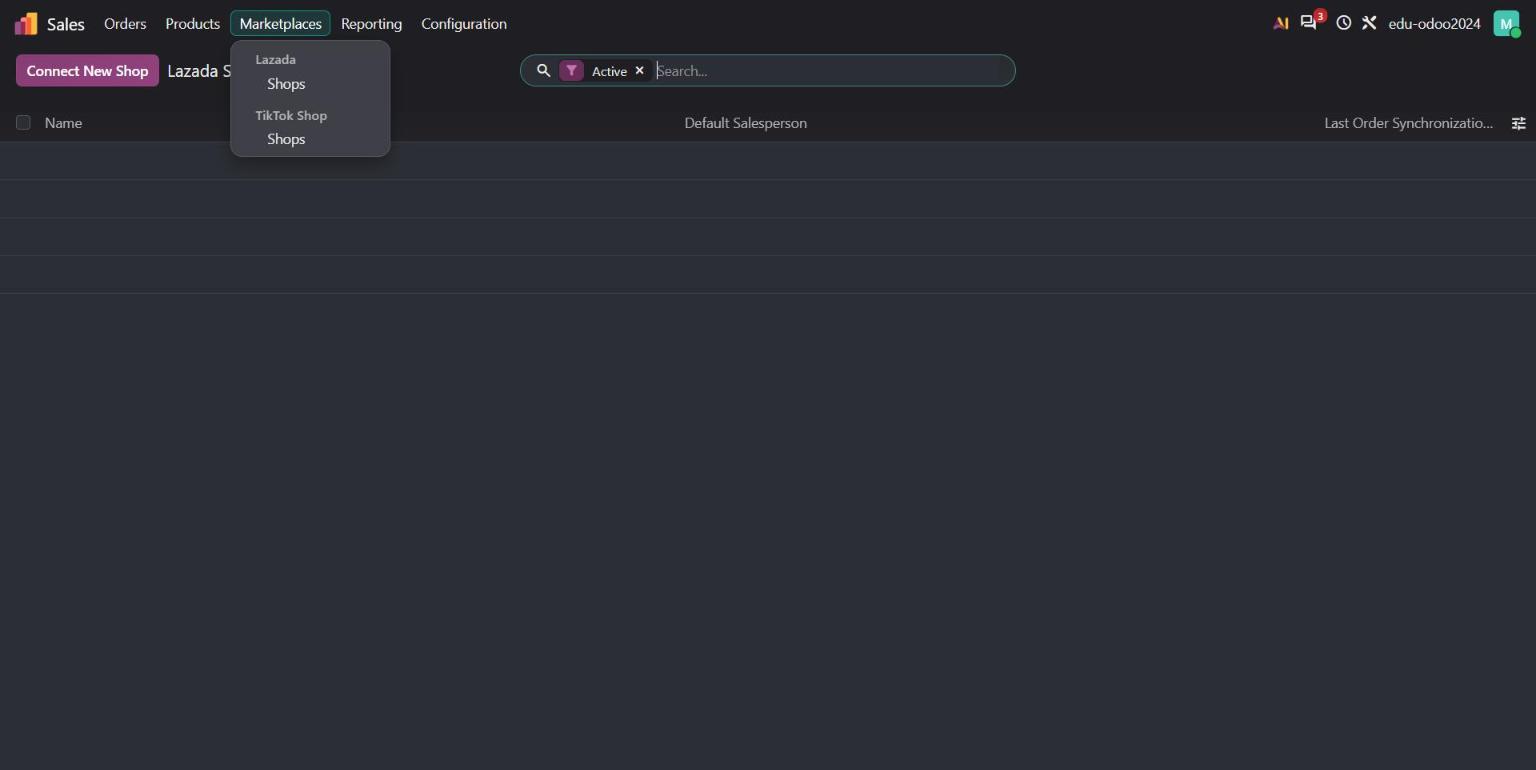 Odoo 20 Sales Marketplaces menu with Lazada and TikTok Shop