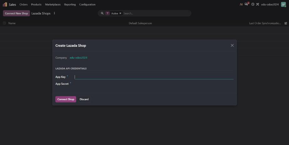 Connecting a Lazada shop to Odoo 20 with API credentials