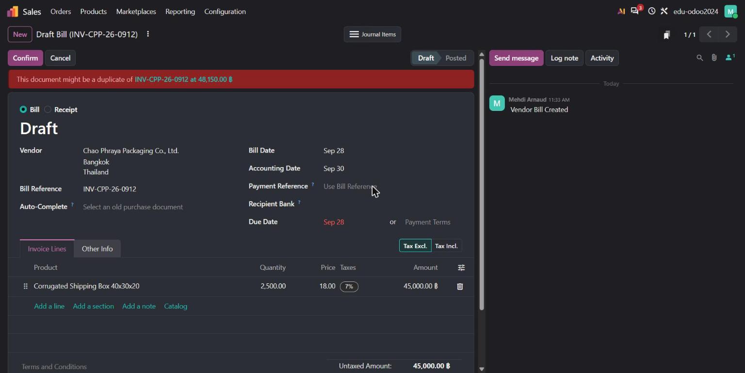 Odoo 20 vendor bill showing a duplicate warning and the Tax Excl./Tax Incl. switch
