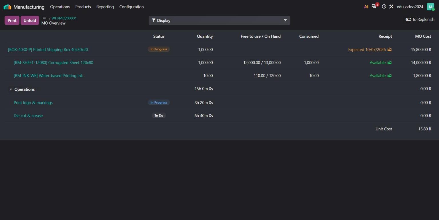 Odoo 20 manufacturing order overview with components, operations and provisional unit cost