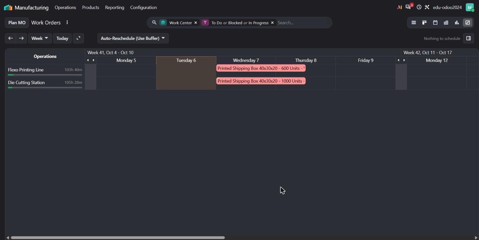 Odoo 20 work order Gantt view with printing and die cutting running in parallel