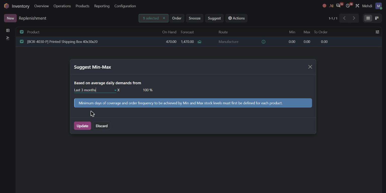 Odoo 20 Suggest Min-Max dialog based on the last 3 months of demand