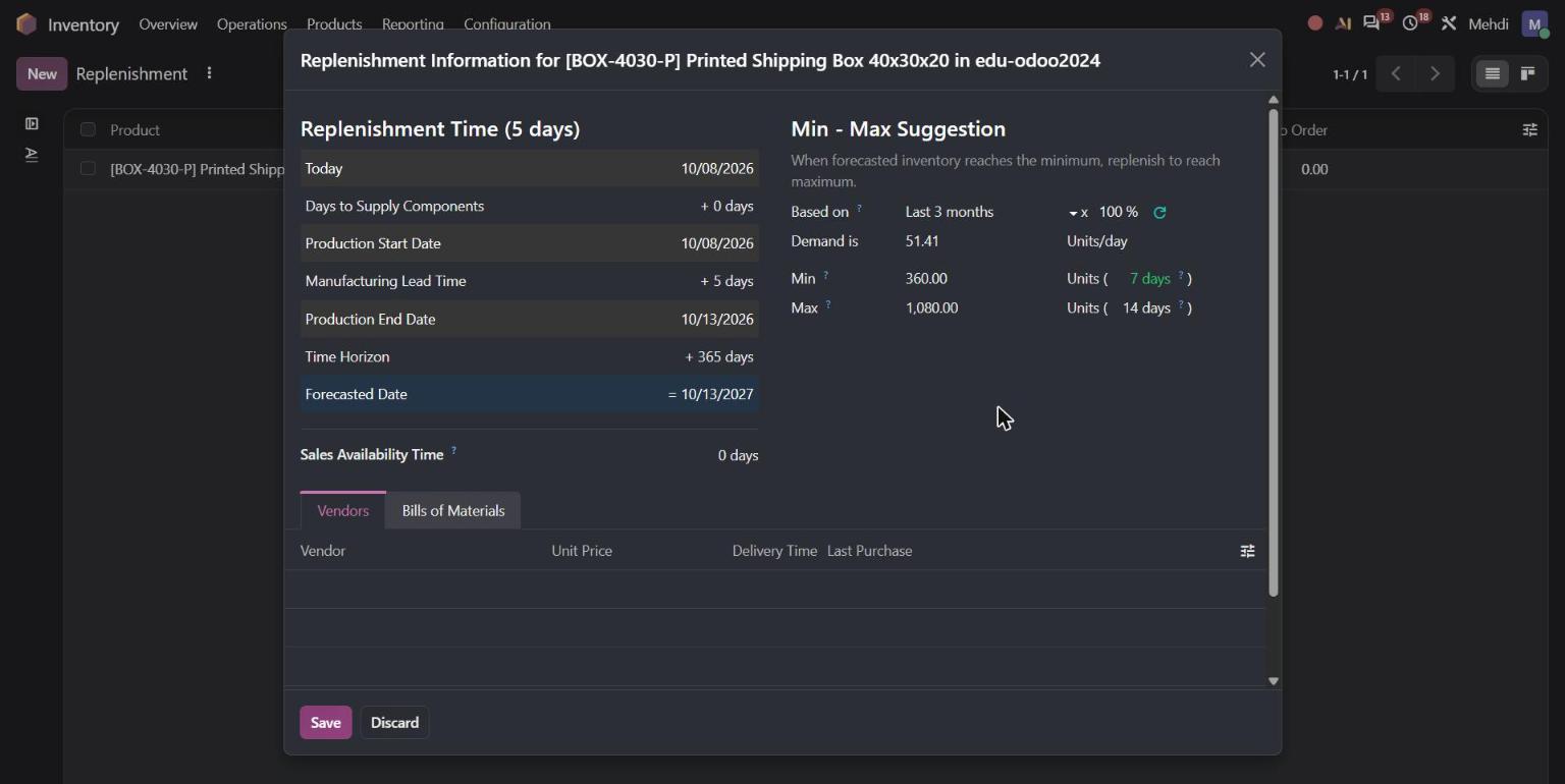 Odoo 20 replenishment information showing daily demand, lead time and min-max coverage in days
