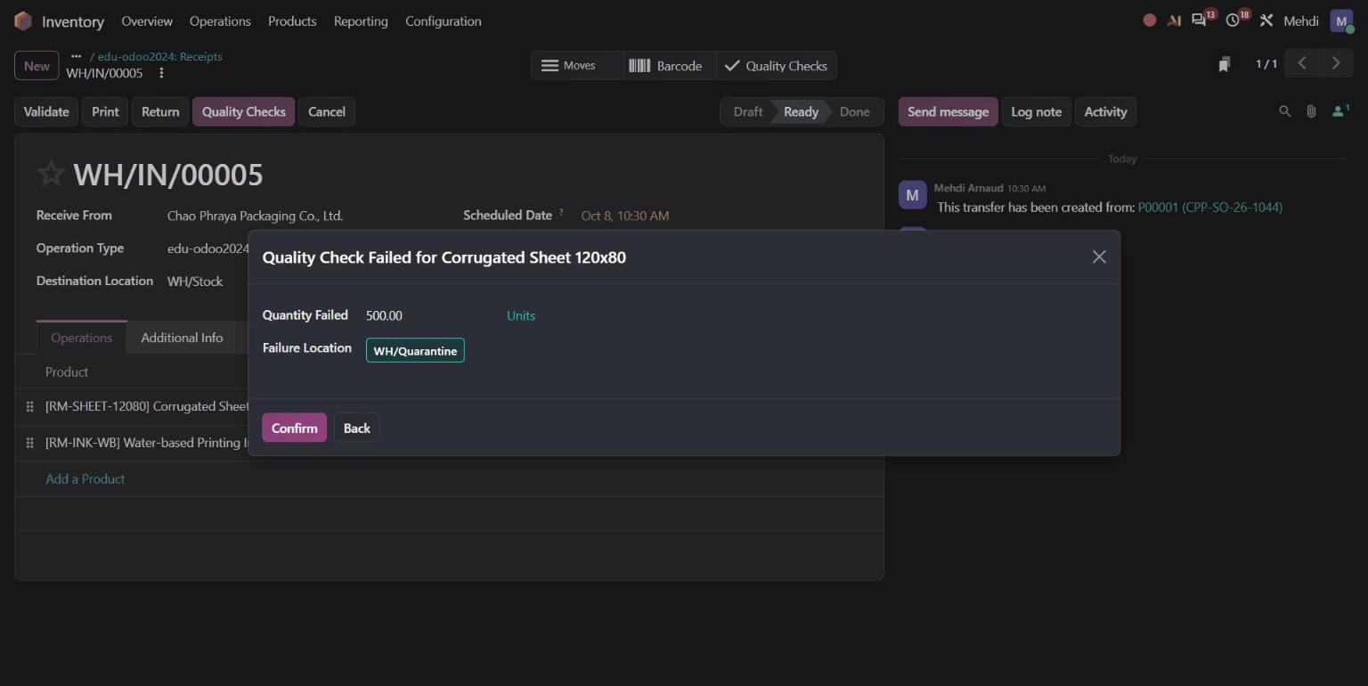 Odoo 20 quality check failed dialog moving 500 sheets to the quarantine location