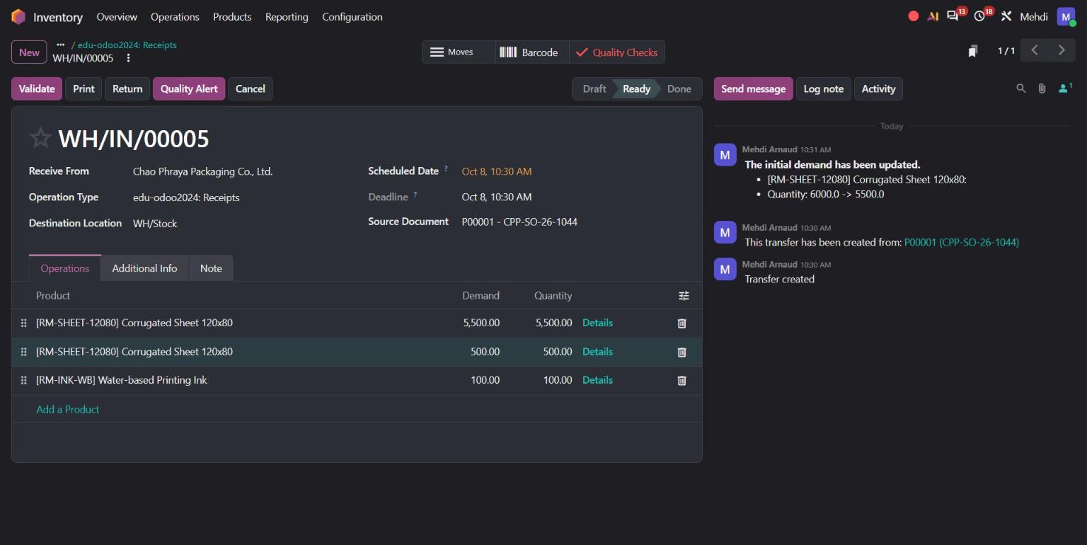Odoo 20 receipt split into 5,500 accepted sheets and 500 sheets for quarantine