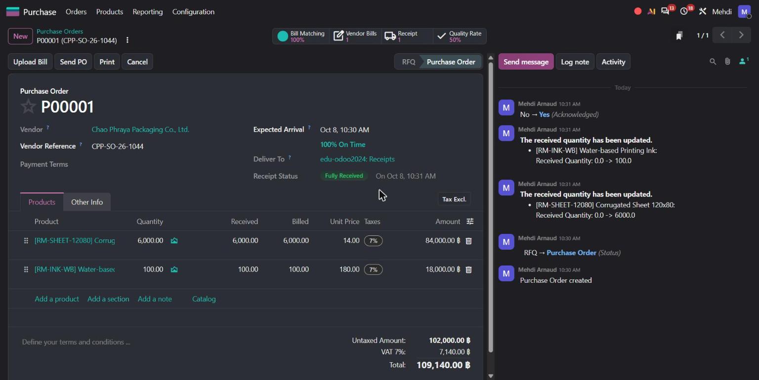 Odoo 20 purchase order with vendor Quality Rate smart button at 50%
