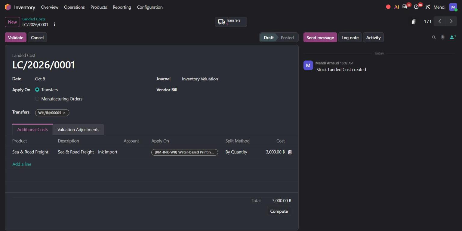 Odoo 20 landed cost with Apply On limited to the printing ink product