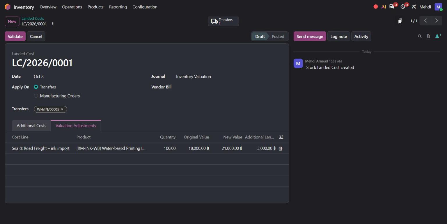 Odoo 20 landed cost valuation adjustment from 18,000 to 21,000 baht on the ink