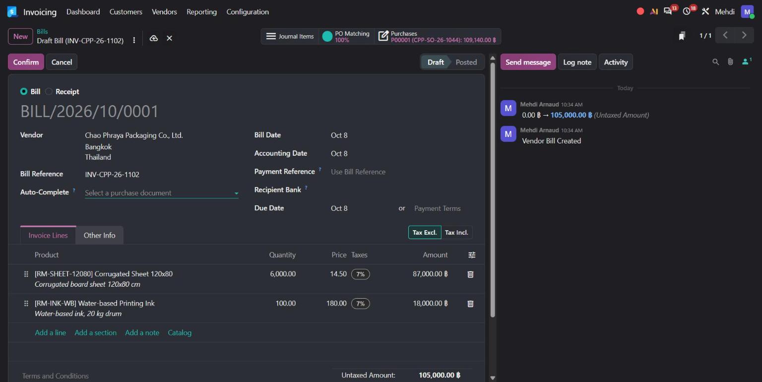 Odoo 20 vendor bill with Auto-Complete matching all lines to purchase order P00001
