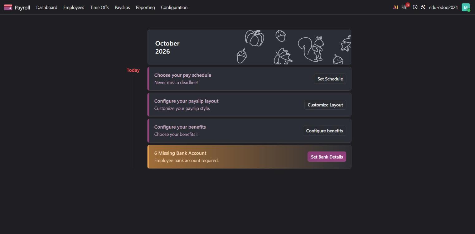 Odoo 20 Payroll dashboard showing setup steps and a missing bank account warning