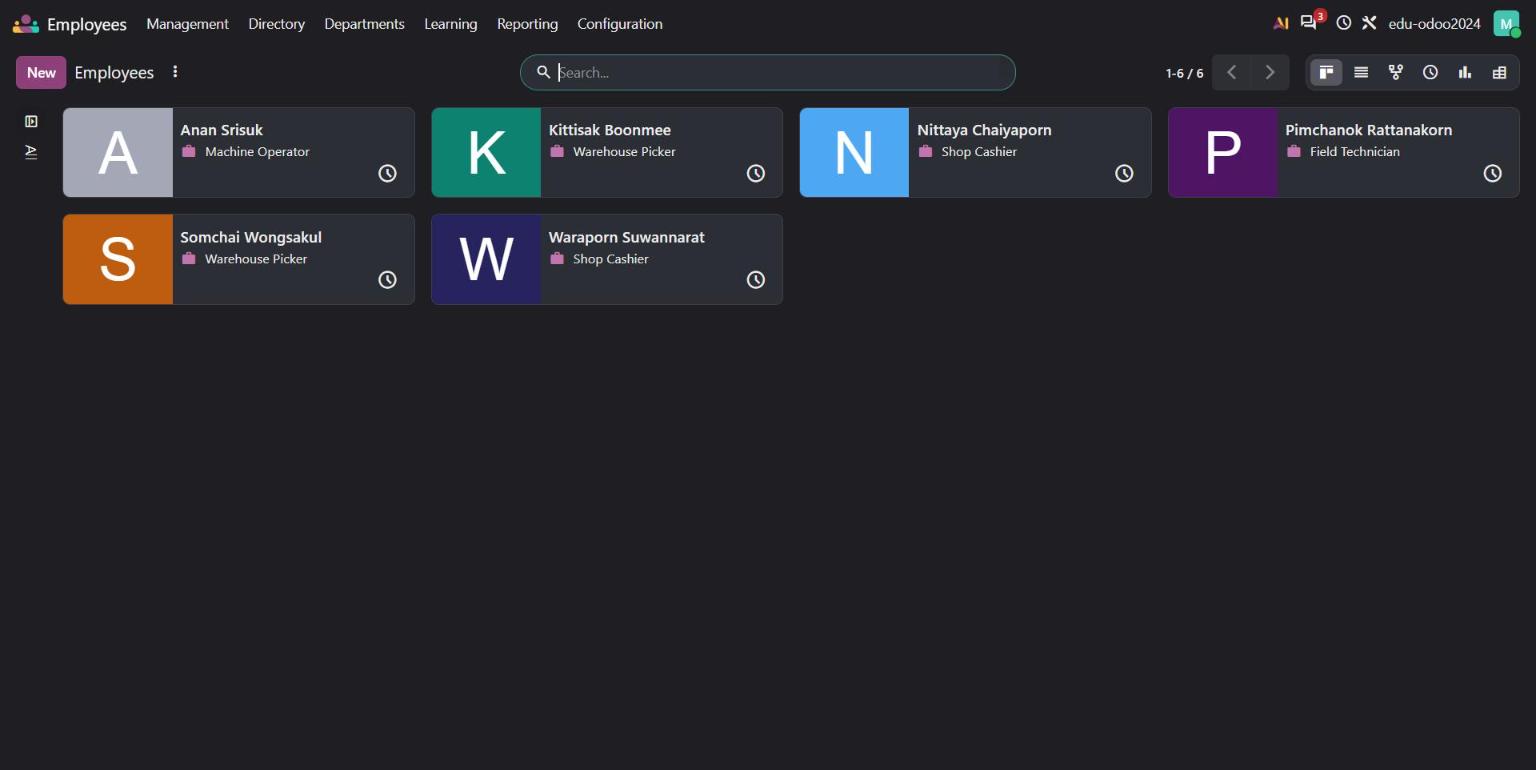 Odoo 20 Employees app with warehouse, shop, factory and field staff not linked to a full user
